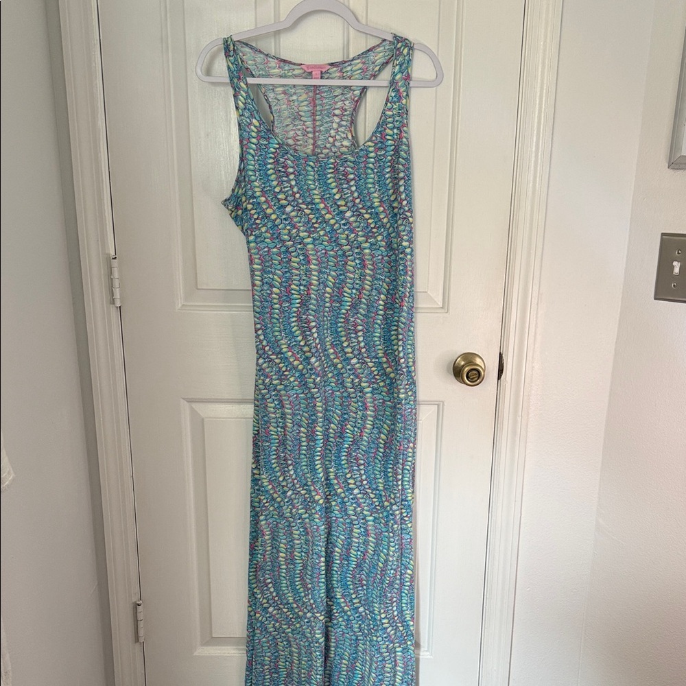 Lilly Pulitzer Treena racerback maxi dress in the "Clam Jam" print. 100% cotton.